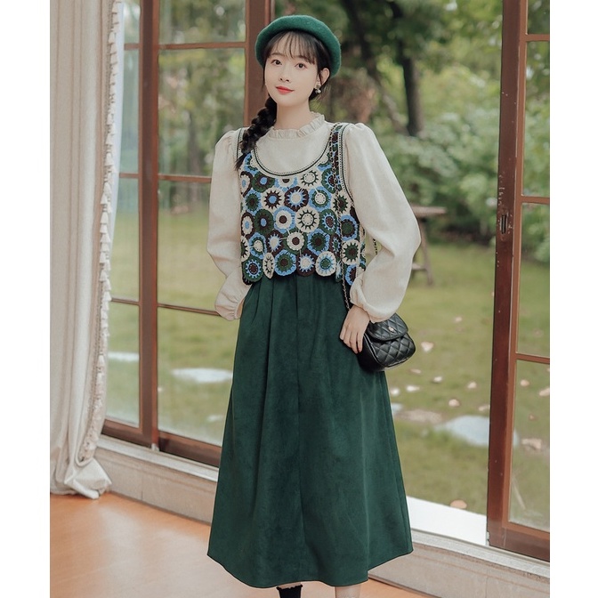 [Augustcloth] Áo gile khoác ngoài đan thêu hoa xanh phong cách Hàn Quốc | BigBuy360 - bigbuy360.vn