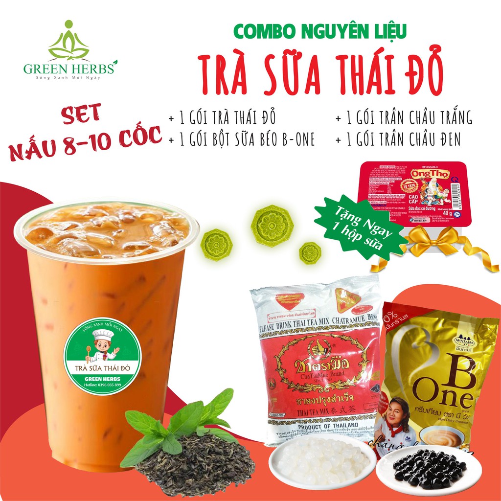 Nguyên liệu Trà Thái xanh matcha, trà Thái đỏ, hồng trà sữa Đài Loan nấu 8-10 cốc