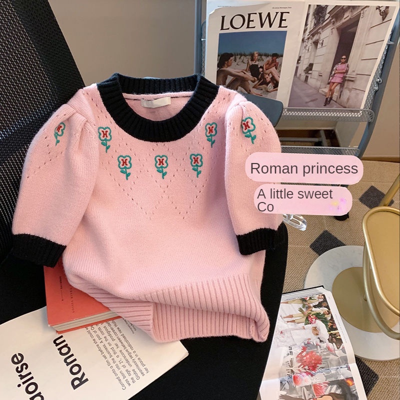 Áo Sweater Ngắn Tay Phồng Thêu Hoa Mẫu Mới 2022 Phong Cách Phương Tây