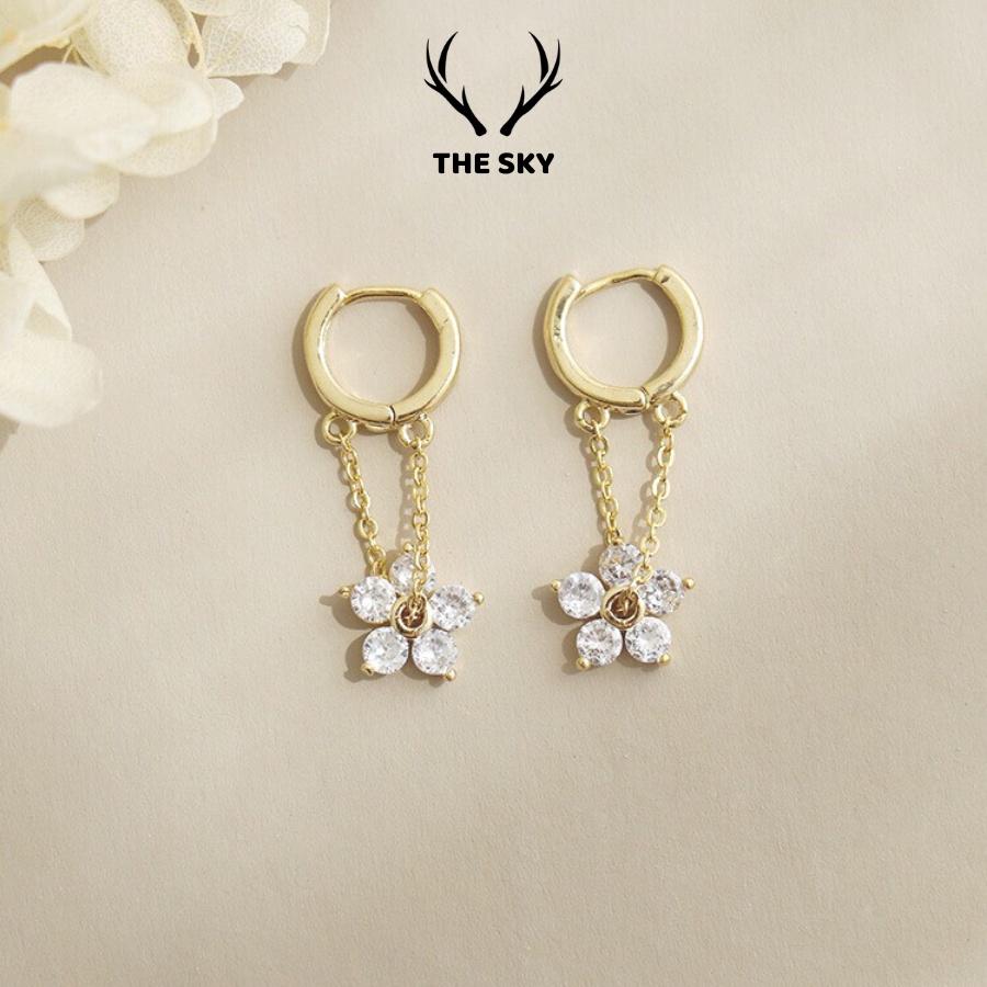 Khuyên Tai Nữ The Sky, Bông Tai Dáng Dài Kim Bạc Cao Cấp Mẫu Tròn Đính Hoa Đá Hàng Thiết Kế