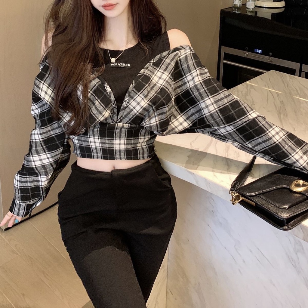 Áo Thun Ngắn Tay Giả Hai Lớp Họa Tiết Caro Thời Trang Hàn Quốc Cho Nữ