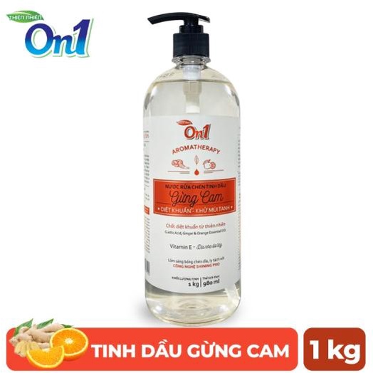 Nước rửa chén On1 tinh dầu hương gừng cam dung tích 1Kg - Sạch bóng vết dầu mỡ - Bảo vệ da tay