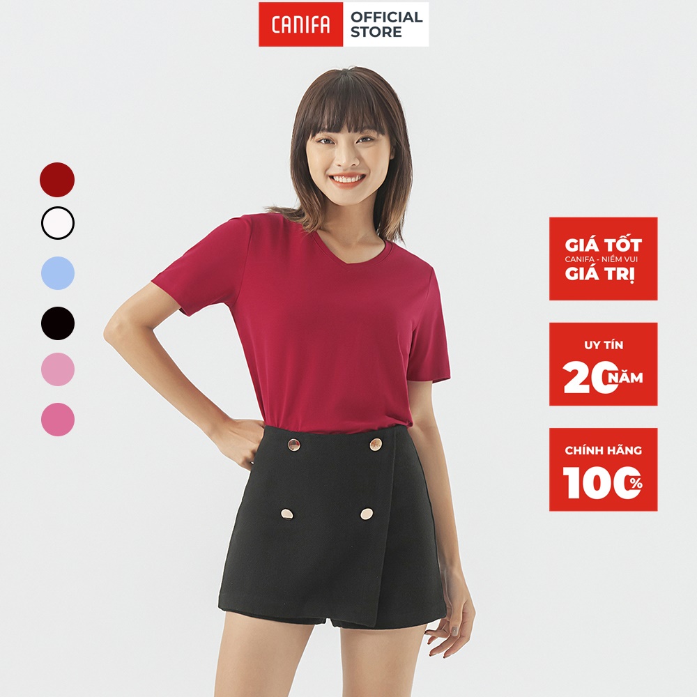 Áo thun cộc tay nữ CANIFA cotton trơn cổ tim dáng basic - 6TS22A002