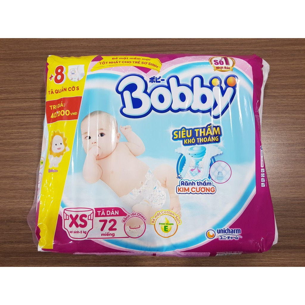 (Tặng 1 áo sơ sinh) TÃ DÁN BOBBY SIZE XS - 72 MIẾNG (CHO BÉ <5KG)