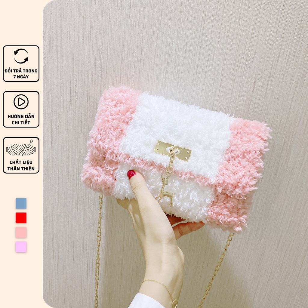 Túi tự đan handmade phối màu, túi đeo chéo len xù phong cách Hàn Quốc - Bộ phụ kiện đầy đủ LX205