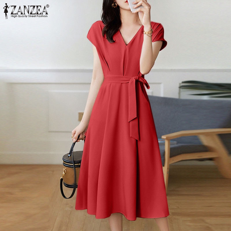 Đầm dài ZANZEA tay ngắn cổ chữ V thời trang tùy chọn màu sắc cho nữ