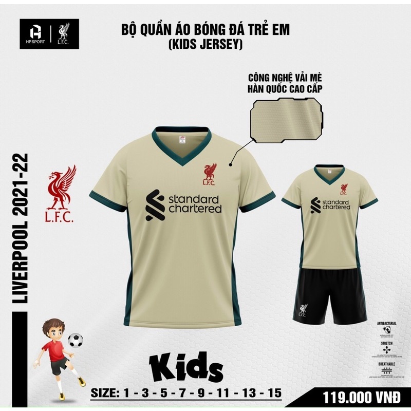 Set Bộ quần áo bóng đá vải mè mục giác clb liverpool màu kem cho trẻ em 2021 2022