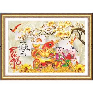 Tranh thêu chữ thập cá chép đồng tử quý phú 3D 53609 - chưa thêu
