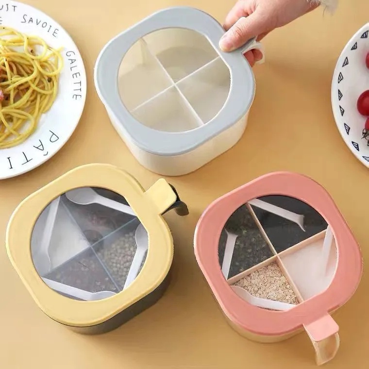 Hộp Nhựa 4 Trong 1 Đựng Gia Vị Kèm Muỗng/Đũ Cốc Tiện Dụng