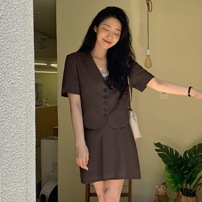 Áo Vest Blazer Cổ tim Retro Kiểu Pháp + Chân váy trơn ngắn Lưng cao Mùa Hè Ulzzang Hàn Quốc Thời trang