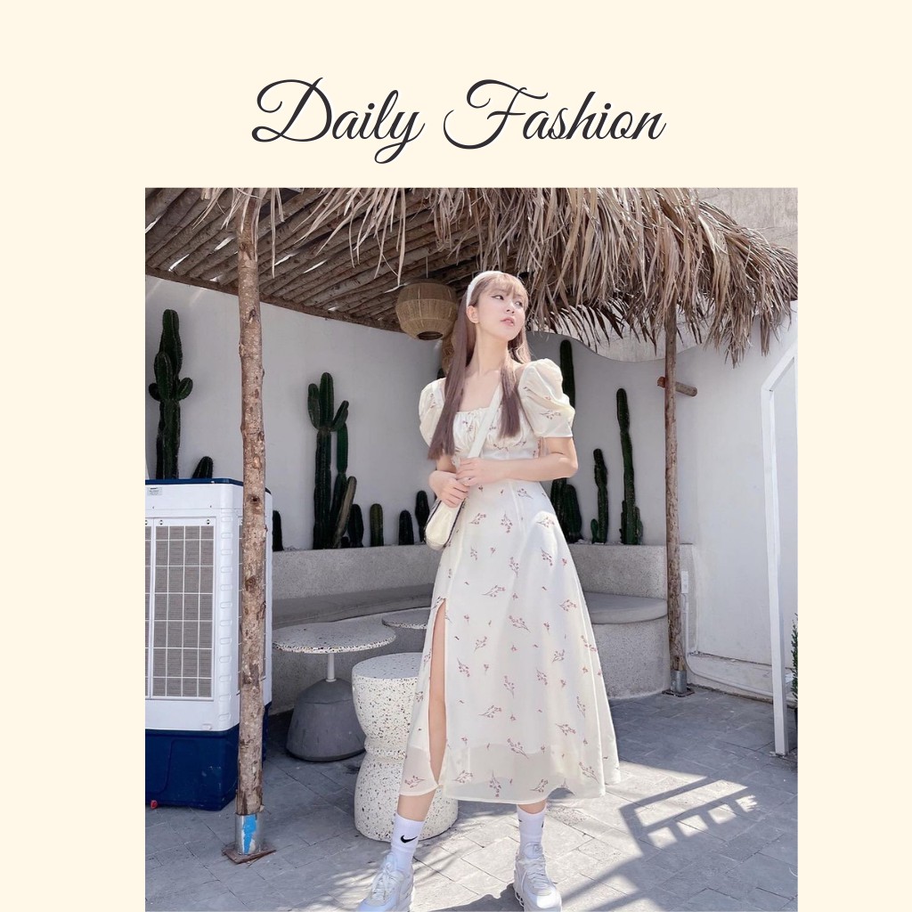 Đầm maxi trắng hoa nhí xẻ tà cổ vuông nhún ngực đi biển giá rẻ, đẹp | BigBuy360 - bigbuy360.vn