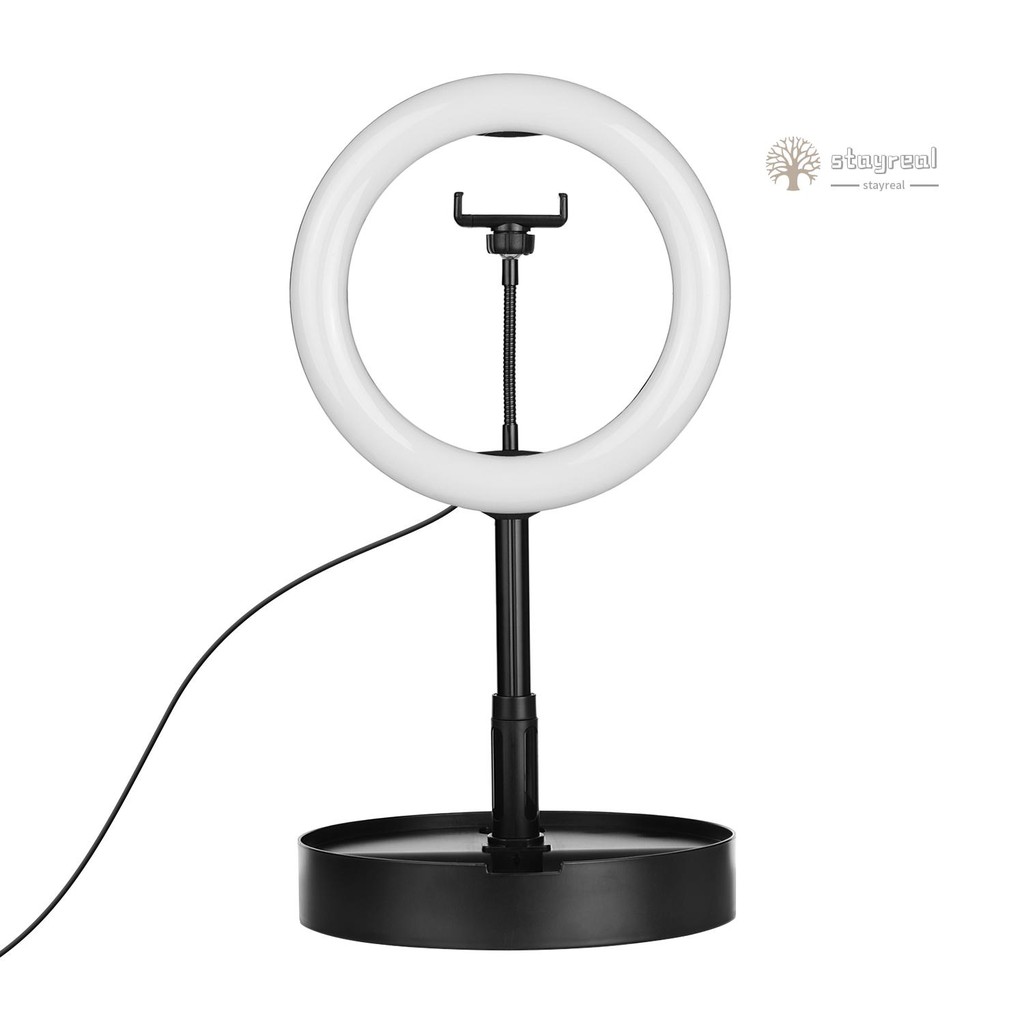 Portable 10 Inch LED Ring Light with Mobile Phone Holder Adjustable Light Stand and Disc-Shaped Base USB Powered Folding Fill Light for Selfie Live Streaming Studio Shooting