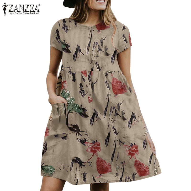 Đầm ZANZEA tay ngắn cổ tròn in họa tiết phong cách retro châu âu thích hợp cho nữ