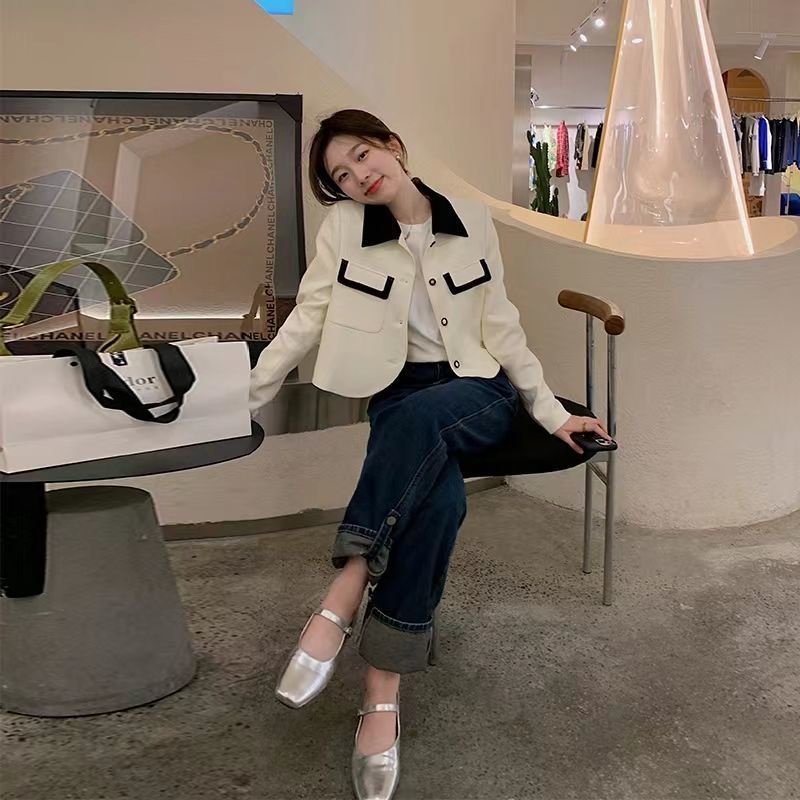 COZOK Xiaoxiangfeng Áo Khoác Ngắn Dáng Ôm Màu Sắc Tương Phản Phong Cách Hàn Quốc