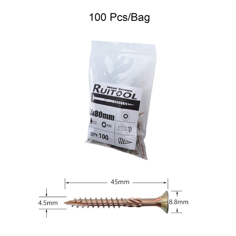Set 100 Vít Gỗ T25 35 45 60 80mm Chuyên Dụng Cho Thợ Mộc
