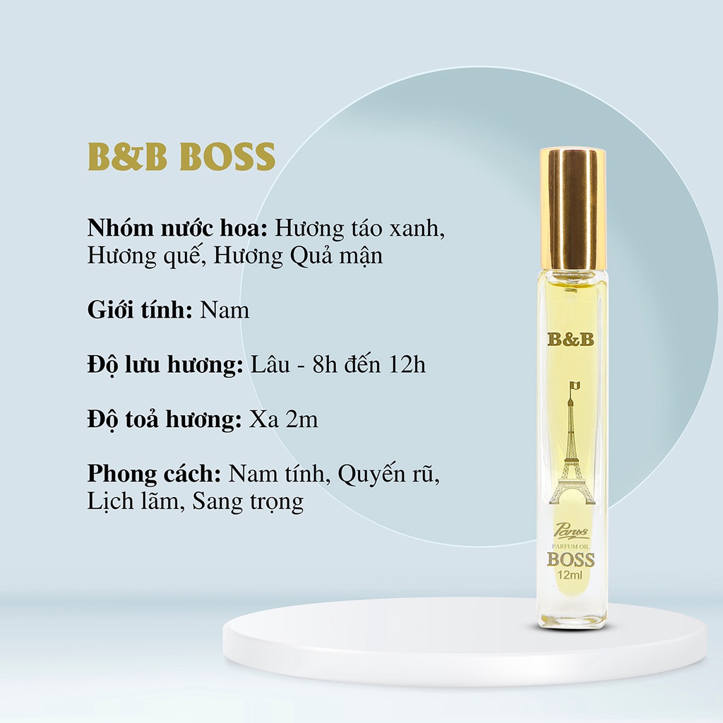 Tinh dầu nước hoa nam B&amp;B de Boss EDP 12 ml lưu hương lâu lịch lãm phong cách Pháp
