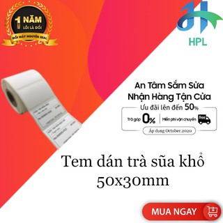 Tem trà sữa , tem dán cốc trà sữa , in mã vạch khổ 50x30 mm, 910 tem, cuộn 30m