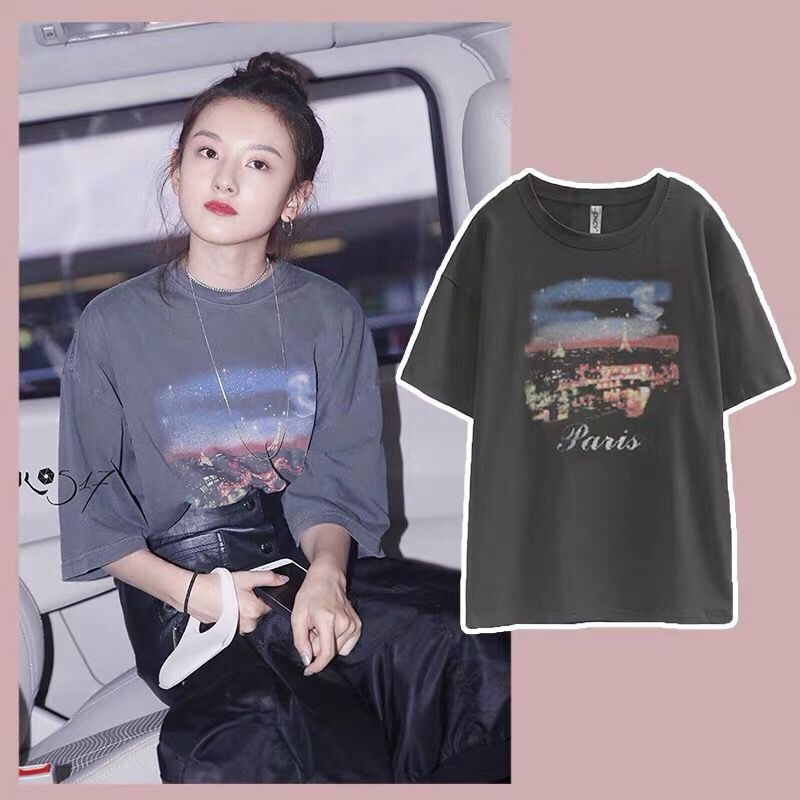 Áo thun ngắn tay dáng rộng kiểu Jennie in họa tiết thời trang mùa hè Hàn Quốc mới