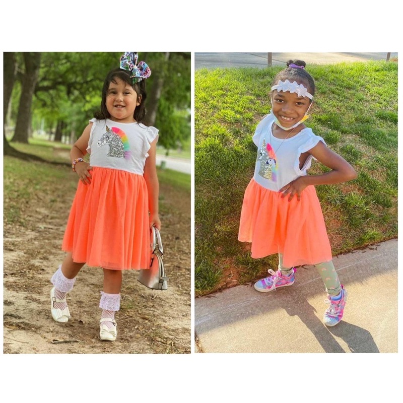 Combo Đầm thun Tay Cánh tiên phối Voan Hình Ngực Pony đính Kim sa bé gái. C & J. Size 4-16T. VN xuất xịn.