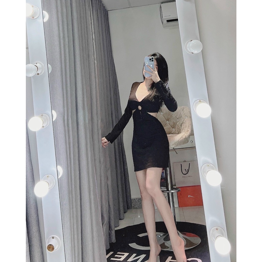 Đầm cố V chất thun xốp loại đẹp tay dài khoét eo khoen ngực sexy