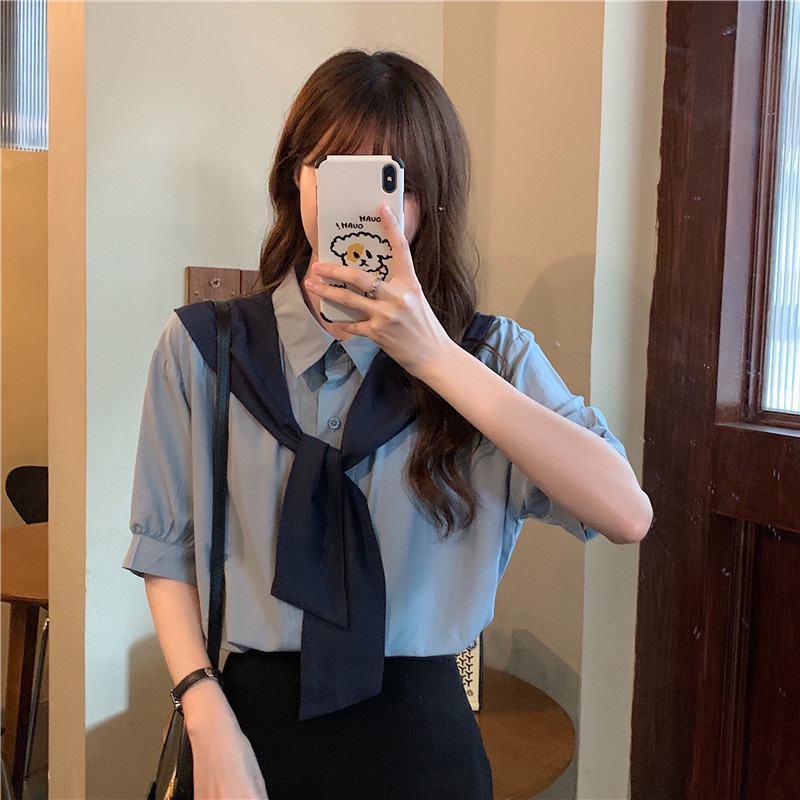 Summer New Loose Thin Contrast Short Sleeved Blouse