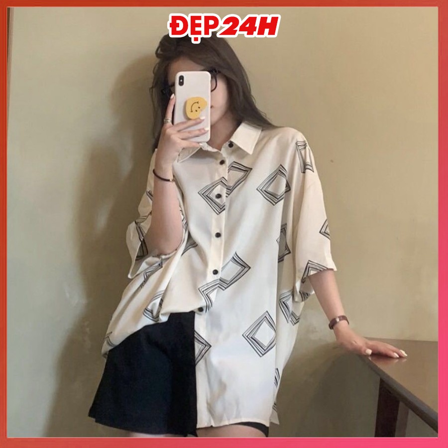 Áo sơ mi nữ form rộng, tay lỡ, freesize, chất liệu Đũi mềm mát, sơ mi kiểu nữ mặc cặp, nhóm in 3D ô Đen Trắng