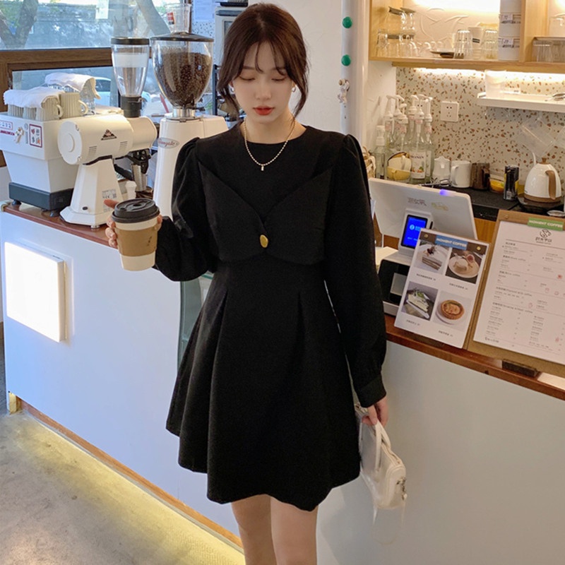 【ZHELIHANGFEI】Đầm Tay Phồng Giả Hai Lớp Nhấn Eo Phong Cách Retro