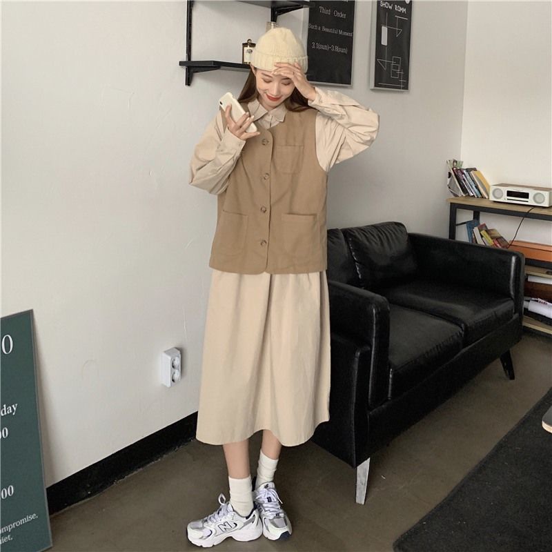 Set Đầm Kaki Dài Tay Và Áo Khoác Ghi Lê Phong Cách Trẻ Trung Dành Cho Nữ