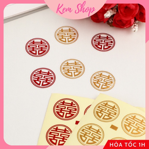 Decal chữ hỷ dán trầu cau, trái cây, tem dán chữ song hỷ trang trí đám cưới set 49 decal - Kem Shop K319