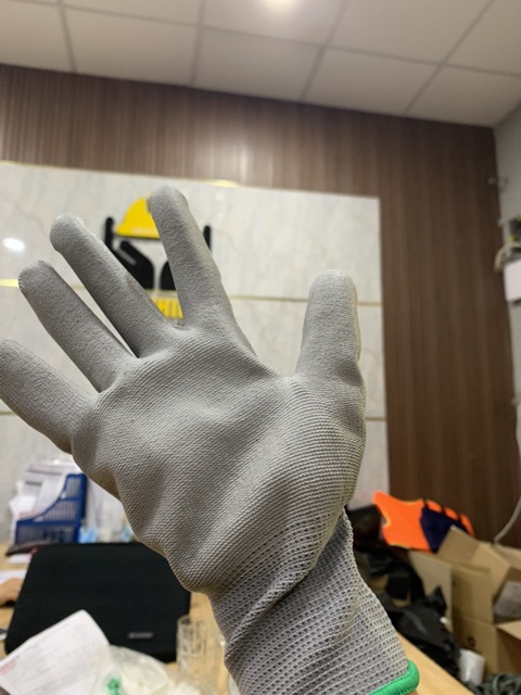 Găng tay bảo hộ, Găng tay xám phủ PU lòng bàn tay cao cấp cho xây dựng, cơ khí, làm gara oto. Hàng dày dặn, chắc chắn.