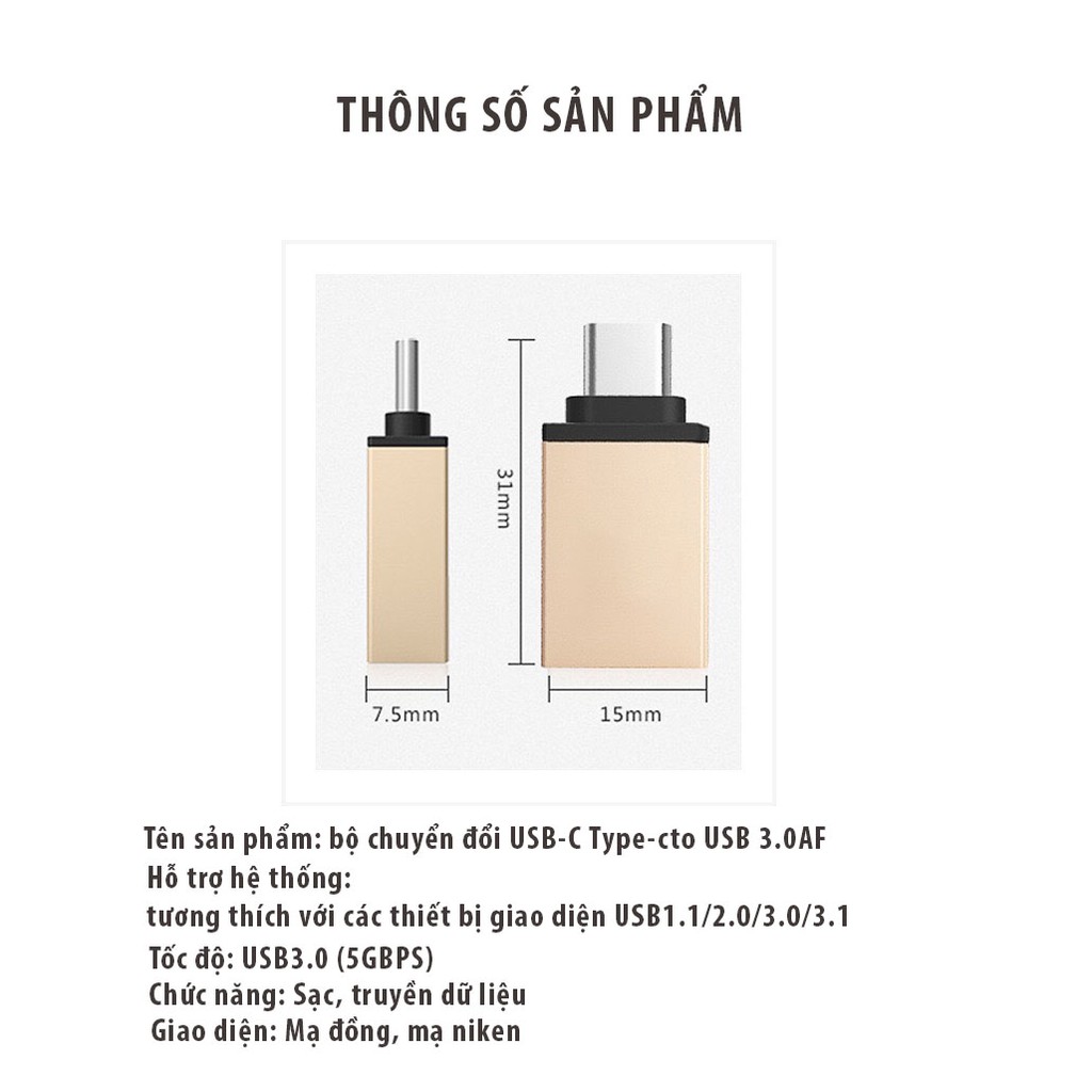 Đầu Chuyển Đổi USB Type C sang USB 3.0 Cho Điện thoại, Macbook