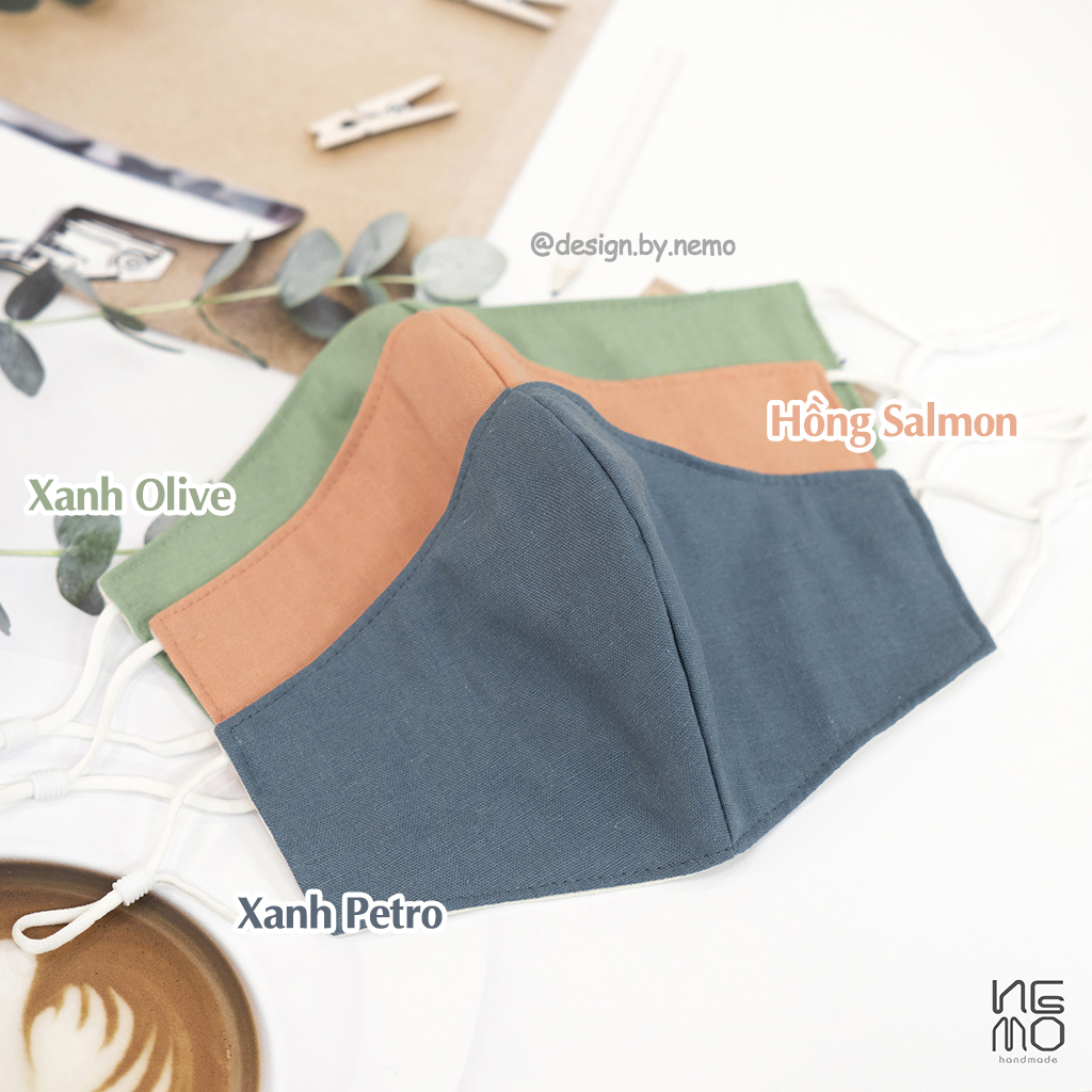 Khẩu Trang Vải Linen Cao Cấp 3 Lớp Màu Trơn Nemo Handmade, Có Nút Tăng Giảm Dây Tiện Lợi - KT3M | BigBuy360 - bigbuy360.vn