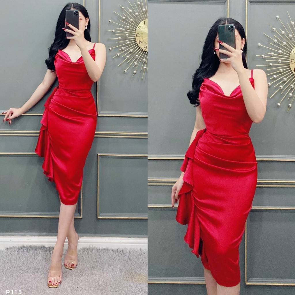 Đầm 2 dây cổ đổ chạy bèo thân sang chảnh
