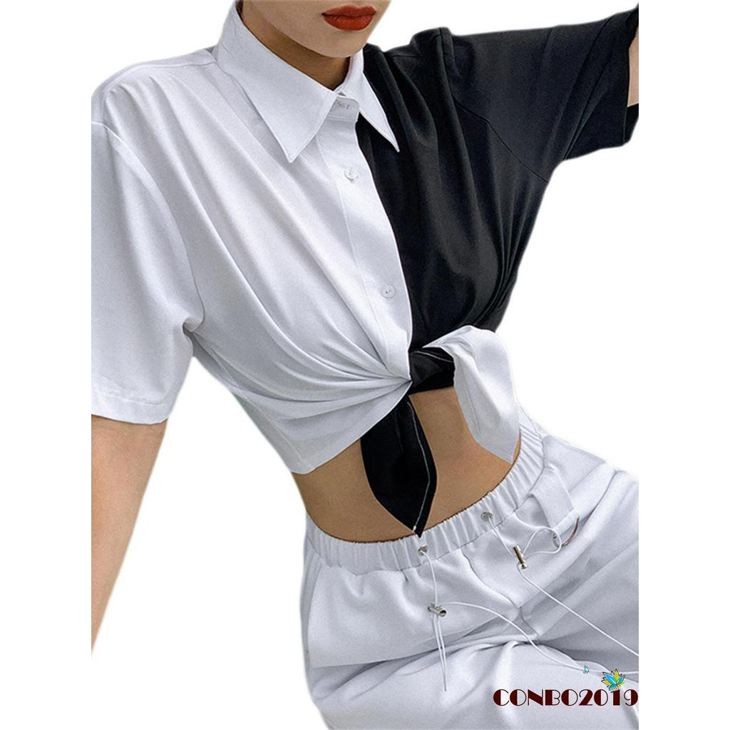 HGM-Summer trend fashion T-shirt black and white punk style short sleeve lapel tie knot shirt shirt women