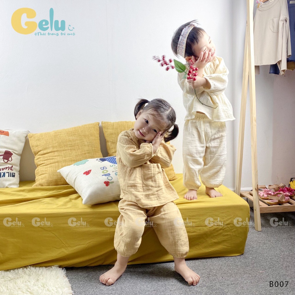 Bộ xô muslin dài tay thu đông thời trang cho bé, bộ đũi trắng kem nâu cho bé trai bé gái GELU KIDS-GLB007