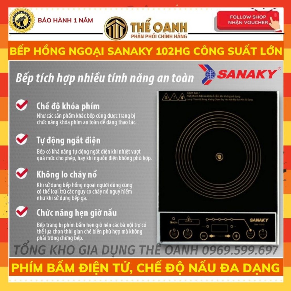 Bếp hồng ngoại [KHÔNG KÉN NỒI] Bếp từ hồng ngoại đơn Sanaky 102HG dùng cho mọi loại nồi