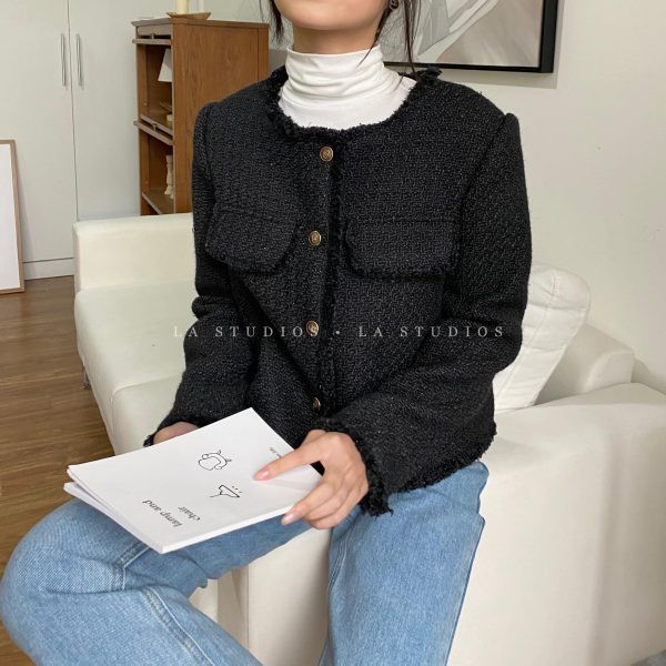 Áo khoác dạ tweed cổ tròn Hàn Quốc