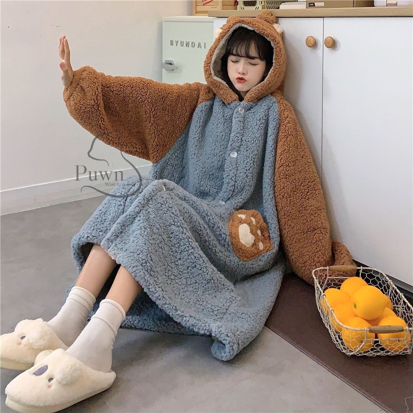 Váy bông ấm áp gấu nâu xanh cute Puwn Shop
