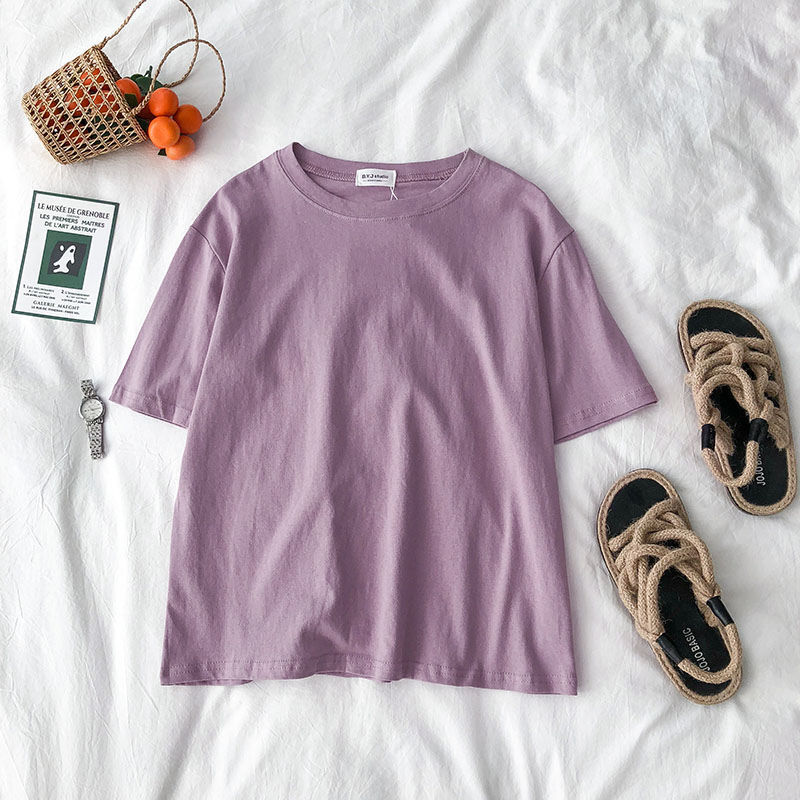 Áo Thun Cotton Tay Ngắn Dáng Suông Màu Sắc Đơn Giản Phong Cách Hàn Quốc Thời Trang Mùa Hè Cho Nữ
