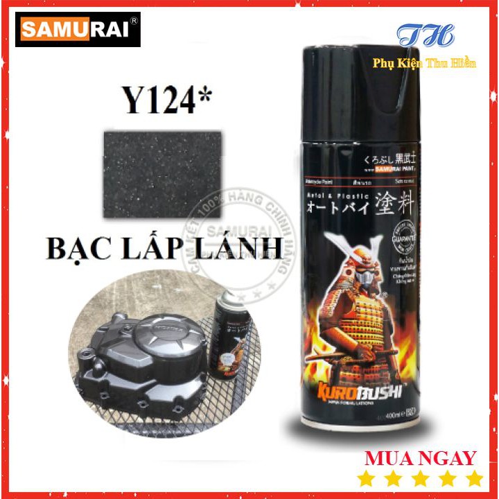 Sơn Xịt Samurai chuyên dùng cho xe máy màu bạc lấp lánh Y124 * chống cháy, chống rạn nứt, vòi xịt chống chảy