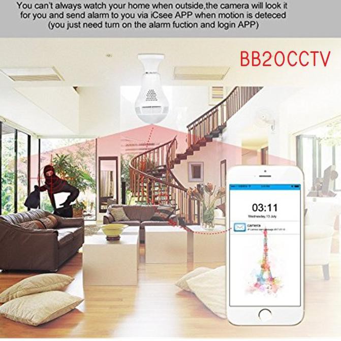 Camera Ip Wifi Panoramic Hình Bóng Đèn Mắt Cá Xoay 360 Độ 3mp