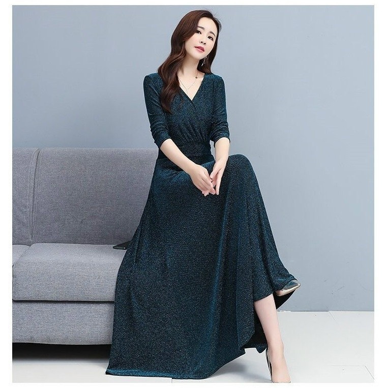 HÀNG QC - ĐẦM XÒE MAXI THUN KIM TUYẾN TAY DÀI SANG TRỌNG - MH523
