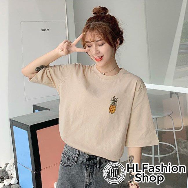 Áo thun tay lỡ form rộng thêu hình quả dứa rất xinh, áo phông form rộng size HLFashion *