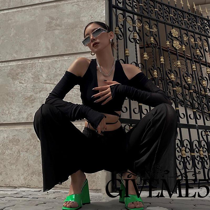 Áo Croptop Tay Dài Cổ Chữ V Màu Sắc Trơn Thiết Kế Đan Dây Chéo Quyến Rũ