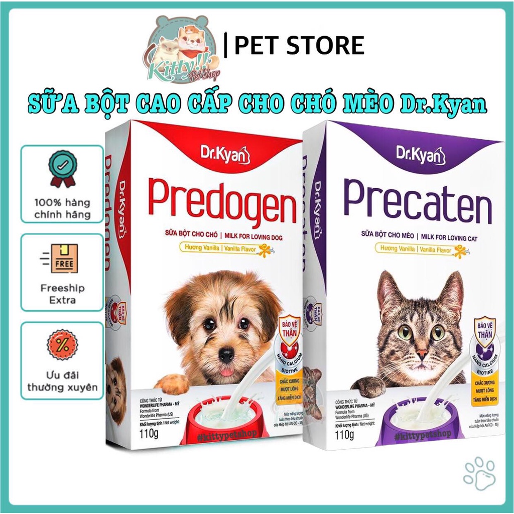 Sữa bột cao cấp Dr . Kyan dành cho chó mèo, sữa bột Precaten - Predogen 110g, lon 400g - Kitty Pet Shop BMT