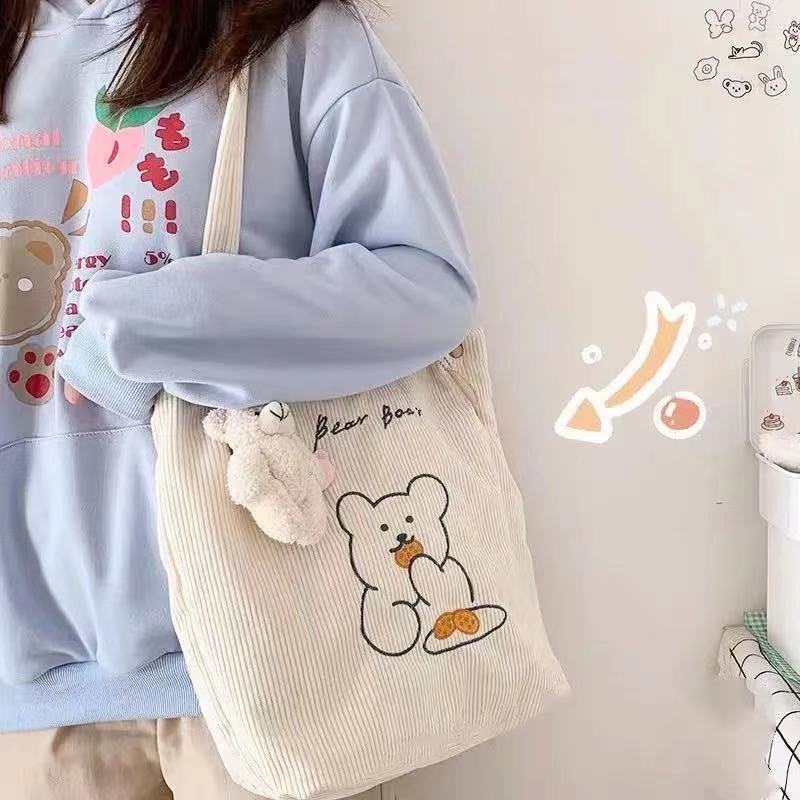 Canvas Bag Female Student Korean Style Retro College Style All-Matching Corduroy Shopping Handbag Female