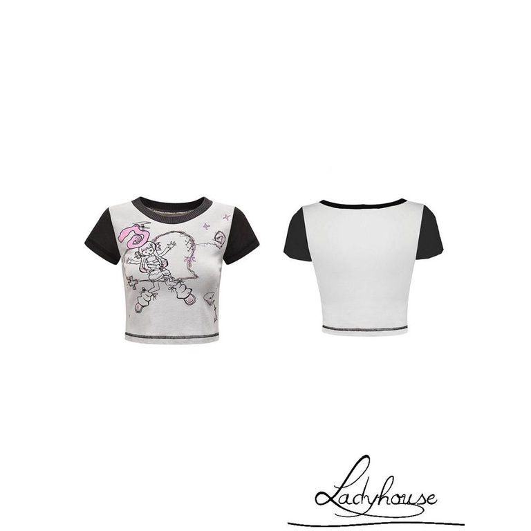 Áo Thun T-shirt Tay Ngắn Cổ Tròn In Hình Cô Gái Hoạt Hình Màu Tương Phản Dành Cho Nữ