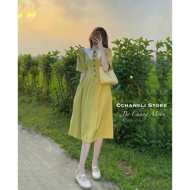Váy suông vintage cổ bèo phối nút đi dạo đi chơi nhẹ nhàng nữ tính