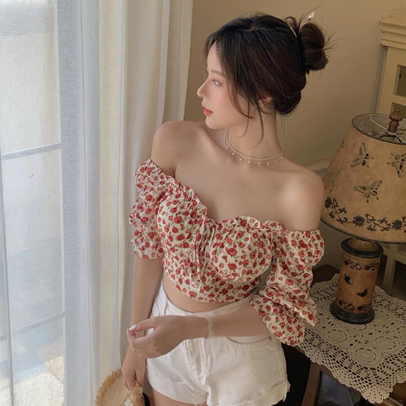 Áo Croptop Tay Ngắn Trễ Vai Hoạ Tiết Hoa Thiết Kế Cột Dây Nữ Tính