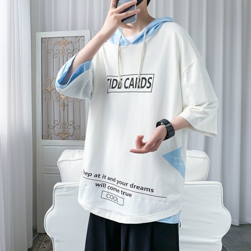 Áo hoodie giả hai lớp tay ngắn dáng rộng thời trang mùa hè cho nam giới